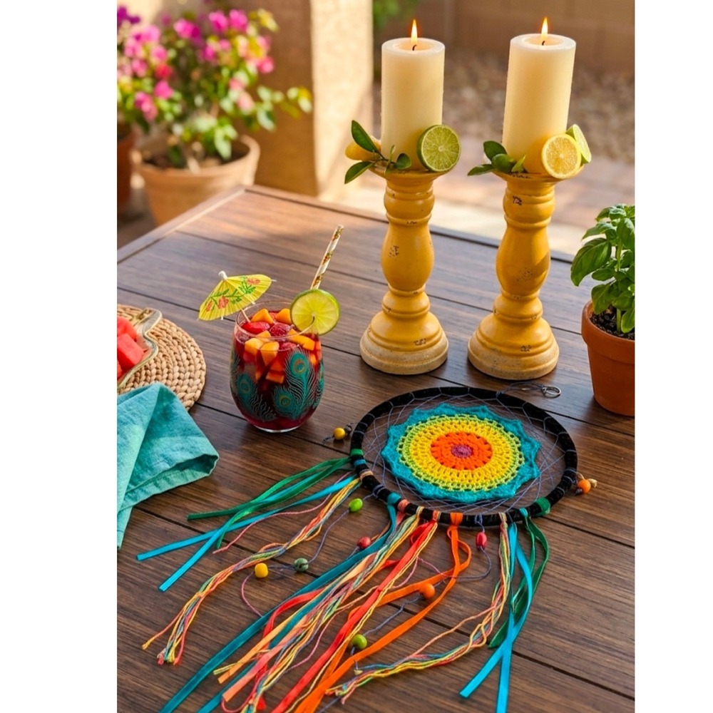 Boho Decor Bundle Yellow Candle Holders Rainbow Dreamcatcher Etched Glass